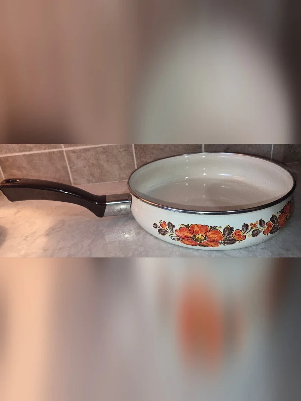 Vintage 1970s Orange and Brown Floral Moneta Enamel Pan